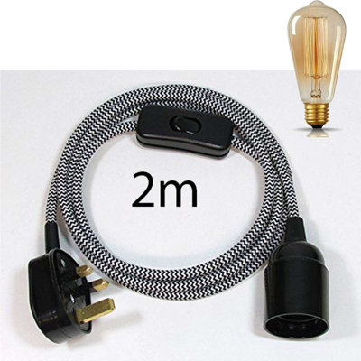 Ceiling Pendant Fitting, E27 Lamp Holder 2M Plug In Pendant Light Cord, Fabric Cable 3 Pin Plug In With On/Off Switch Lighting Kit