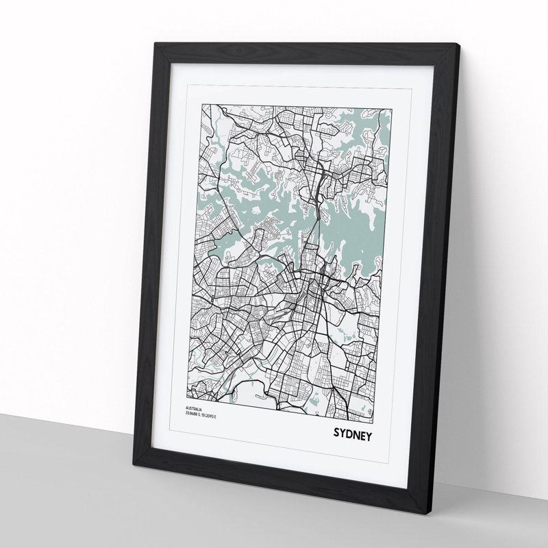 Map Sydney Australia - Picture Frame Graphic Art, 90cm H x 65cm W x 2cm D, Black