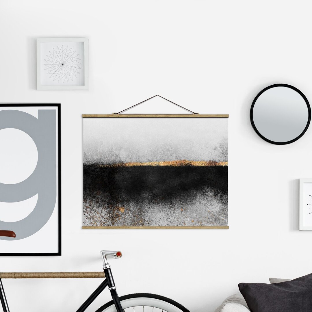 Stoffbild Abstract Golden Horizon Black White von Elisabeth Fredriksson