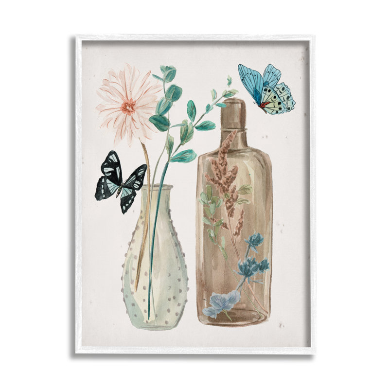 Papillons en fleurs dans des pots floraux, H 20 po x l 16 po, Giclée encadrée blanc bord de mer