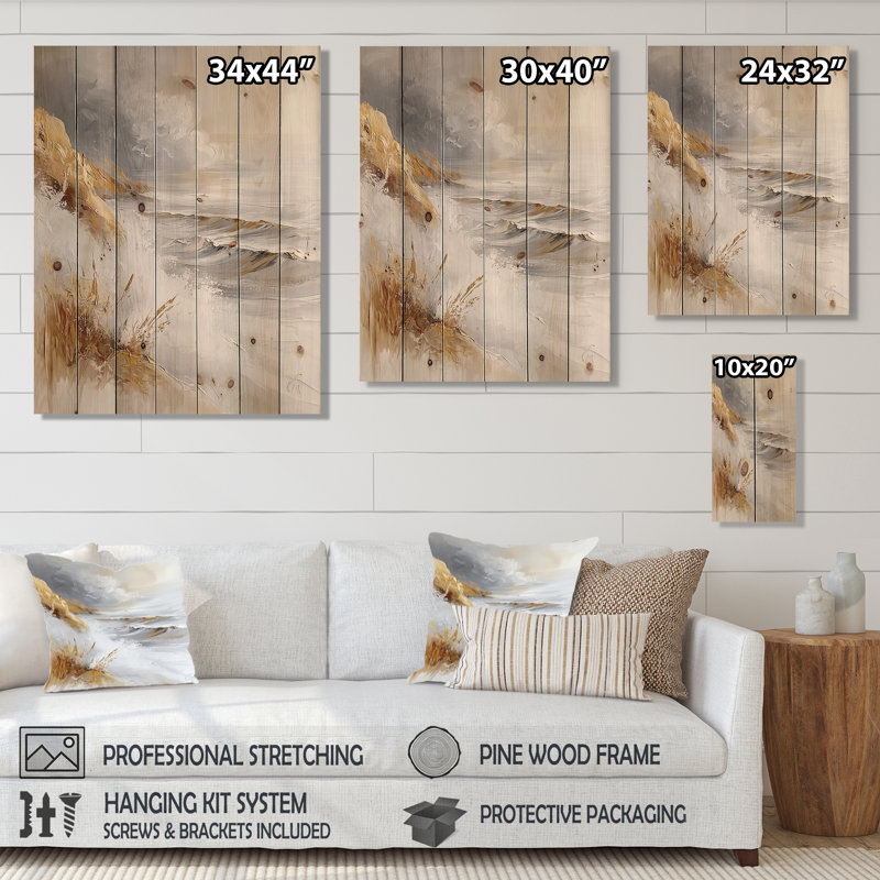 Pure Golden Winter Beach Landscape IV - Beach Wood Wall Art - On Natural Pine Wood, 20" H x 10" W x 0.78" D