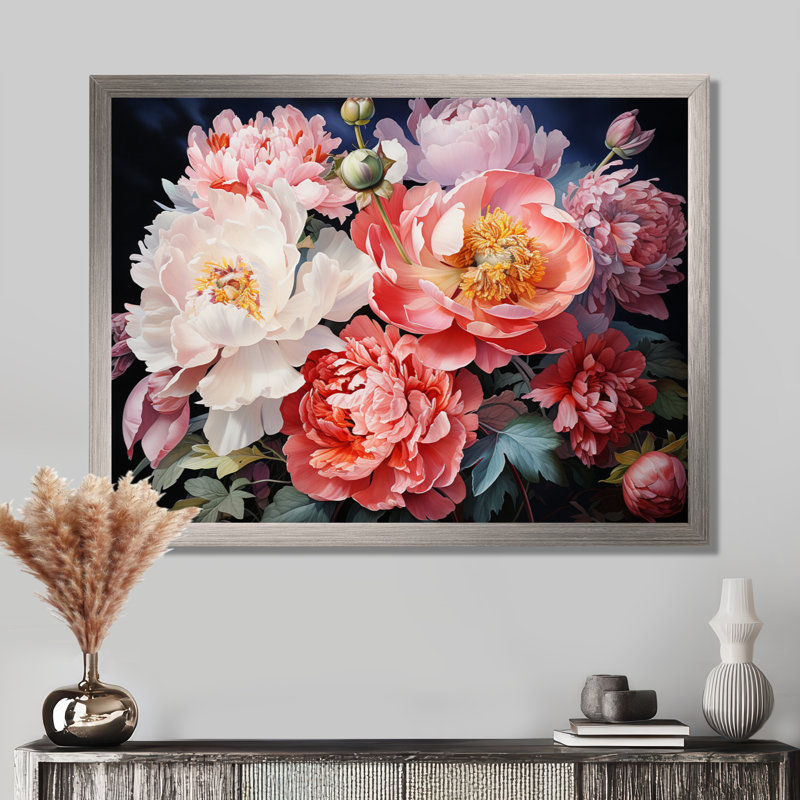China Peony Bouquet On Canvas Print, Gold Floater Framed, 12" H x 20" W x 1" D