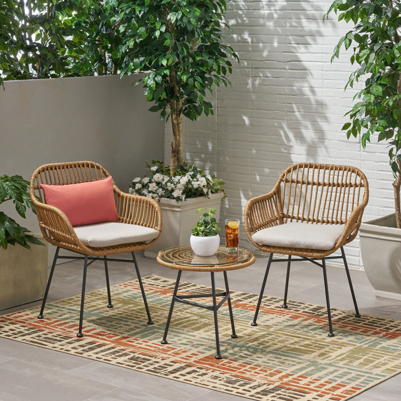 Ensemble de conversation en rotin avec coussins 3 pièces Bushnell, Structure brun clair / coussin beige