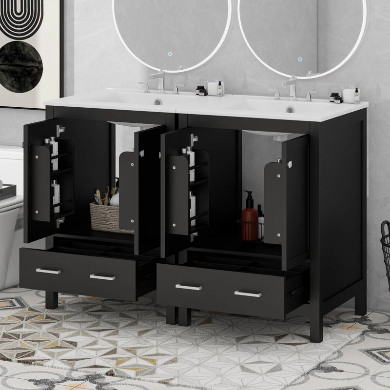 Meuble-lavabo 48 po avec tiroir divisé et tablette de porte double couche, Noir