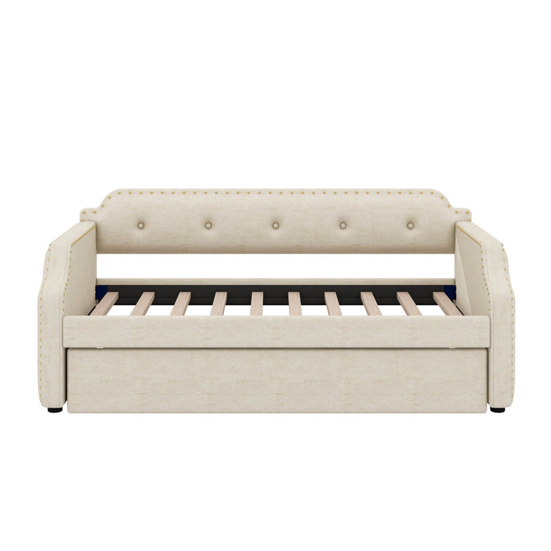 Twin Upholstered Daybed With Trundle, Beige
