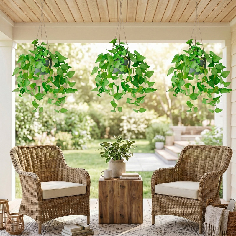 Ensemble de 2 plantes suspendues artificielles panachées avec pot de ciment, fausse vigne de lierre avec support en corde de jute
