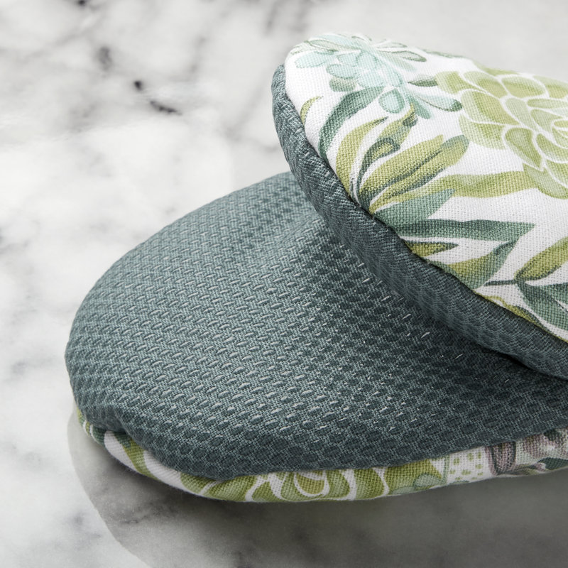 Green Succulent Print Cotton Silicone Oven Mitts, 2-Piece Set
