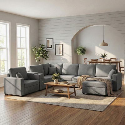 5-Seat Modular U-Shape Sectional Sofa With Deep Seats, Built-In Cup Holders, Storage Drawer & Pillows