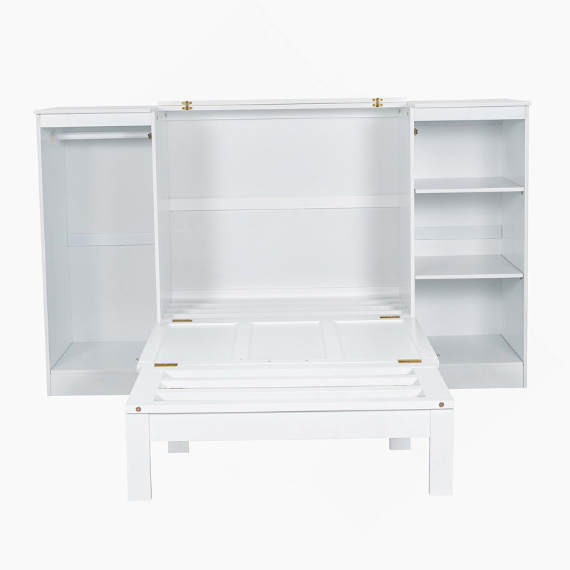 Lit escamotable simple avec tablettes de chevet et garde-robe, blanc