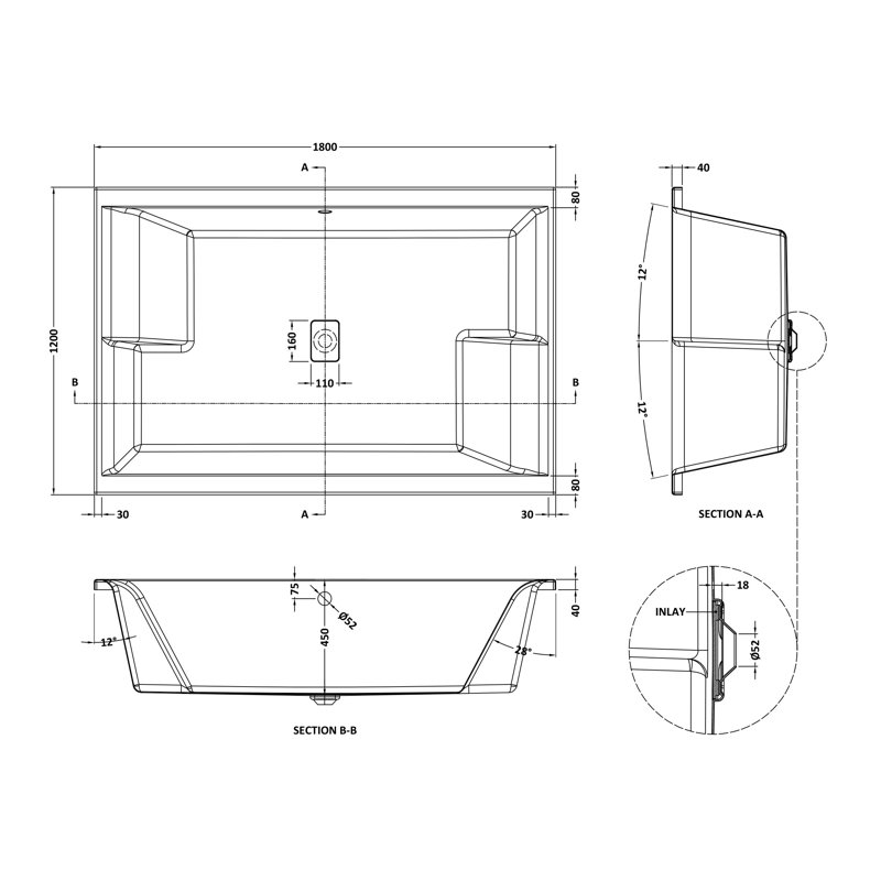 1800mm x 1200mm Soaking Acrylic Bathtub