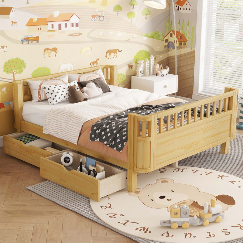 Lit plateforme en bois pour enfants avec rails, rangement spacieux et conception sécuritaire, idéal pour les garçons et les filles (matelas non inclus)