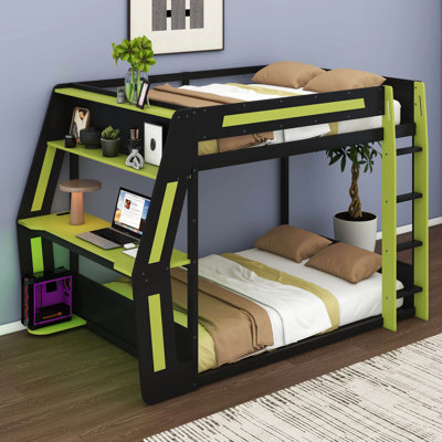 Lit superposé double avec bureau RVB surdimensionné monté sur le côté, lit superposé en bois avec ports de charge, cadre de jeu pour les adolescents