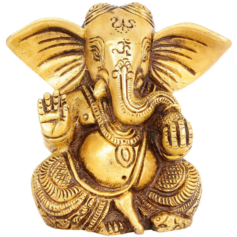 Statue en laiton de 4 pouces Ganesha avec grandes oreilles en laiton - Figurine de divinité Ekdanta fabriquée à la main pour le temple de la maison, le bureau et le décor spirituel Good Luck