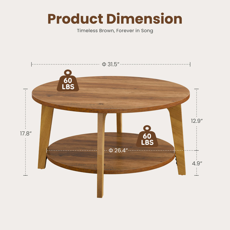 31.5" 2-Tier Round Coffee Table with Storage Shelf, Solid Wood & MDF, Sturdy, Modern Minimalist Design, Easy Assembly