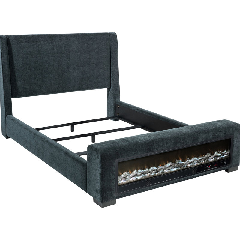 Aire de repos moderne grand bleu foncé tapissier, conception à oreilles attrayante, flammes visuelles avec 13 motifs de couleurs, réglage de la luminosité sans fil, lit de couchage de taille haut-parleur, points forts adorables,