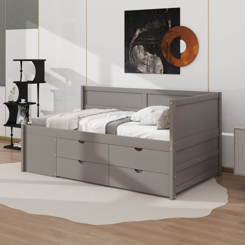 Lit de jour simple avec tiroirs et tablettes, Simple, Gris