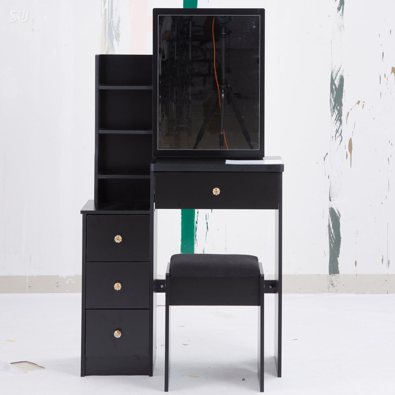 Petit meuble-lavabo 29,2 po avec tabouret de chevet gauche + tabouret rembourré, très grand miroir coulissant à droite, rangement multi-couches à grande capacité