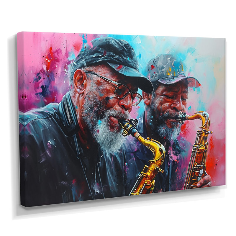 «All That Jazz Two Saxophone joueurs» rétro - musicien mural art salon, Toile tendue, H 34 po x l 44 po x P 1,5 po