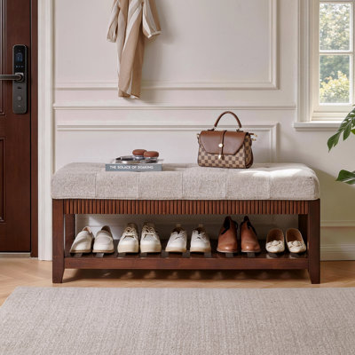 Banc d'entrée en bois massif, banc à chaussures en bois d'hévéa massif avec coussin rembourré et étagère à chaussures inférieure, banc de rangement capitonné pour hall d'entrée, couloir ou salon