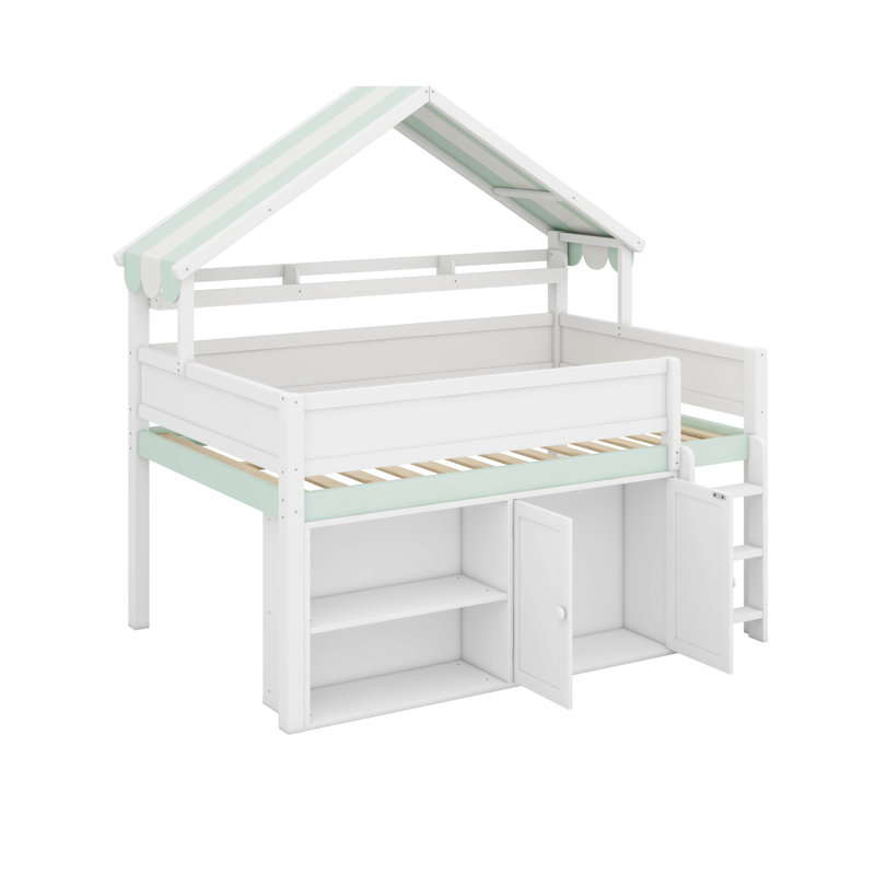 Full Size Loft Bed With Canopy Roof, White/Green