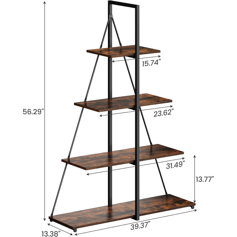 A-Shaped 4-Tier Ladder Bookshelf - Wood & Metal Storage Shelf for Living Room, Bedroom & Home Office, Brown