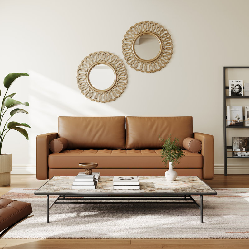 Canapé à accoudoirs carrés en cuir Bridgeview, Cuir brun végétalien, H 33 po x l 70 po x P 32 po