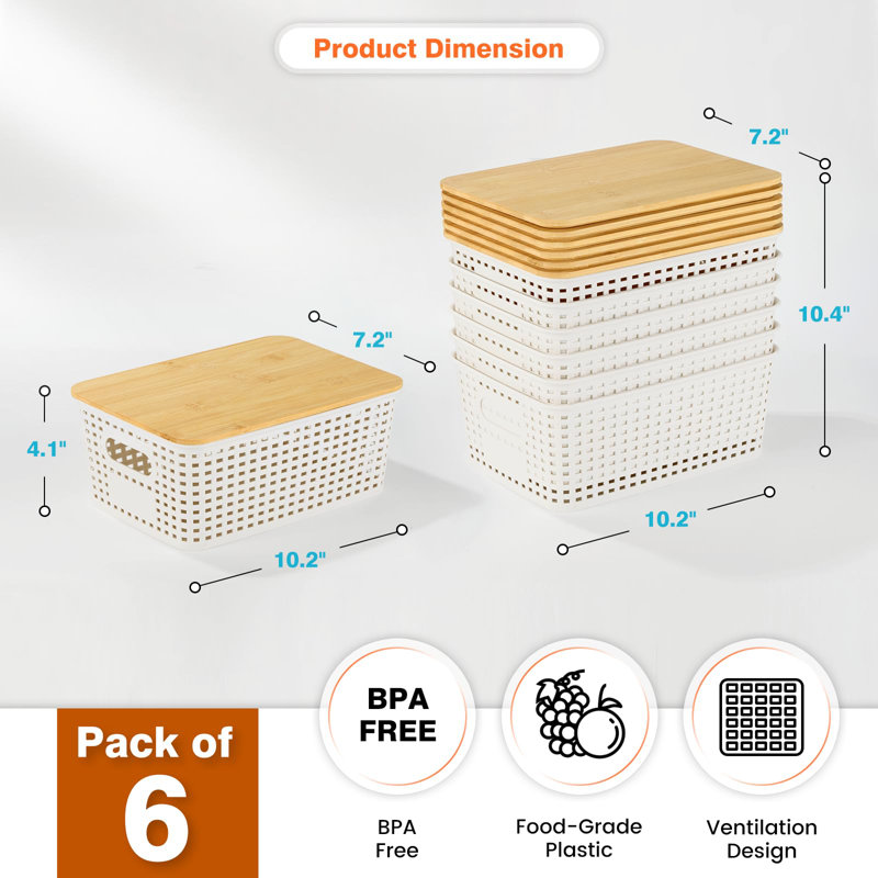 Paniers de rangement en plastique avec couvercle en bambou - Contenants de rangement en plastique Bacs de rangement empilables: Paniers de rangement pour étagères de rangement