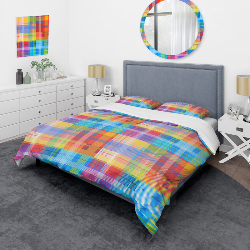 Ensemble de housse de couette multicolore à carreaux bleu / rouge / jaune en microfibre 2 pièces