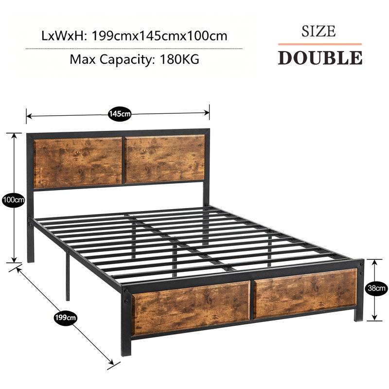 Single/Double Size Bed Frame with Wood Headboard and Footboard, Metal Platform Mattress Foundation with Strong Steel Slats, No Box Spring Needed