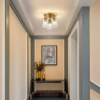 Plafonnier semi-encastré 3 lumières, luminaire de ferme moderne doré doux près du plafond, abat-jour en verre grainé industriel rétro pour cuisine, couloir, vestibule, 13 po