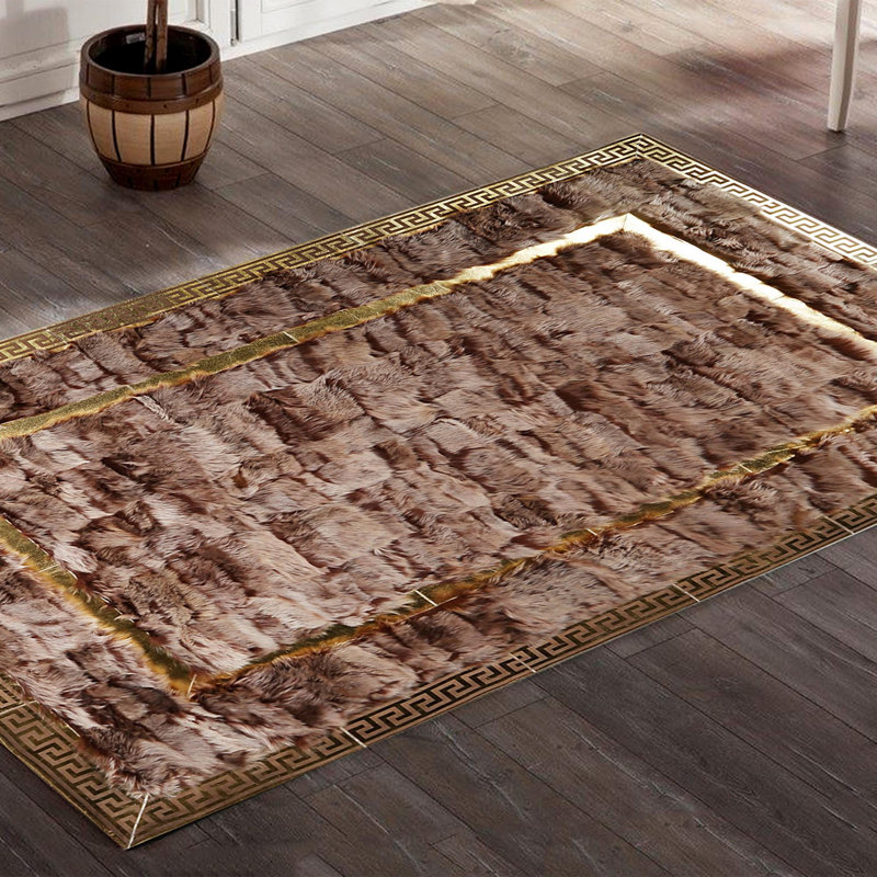Tapis toscan en cuir brun avec une bordure élégante, Rectangulaire 8 pi x 10 pi