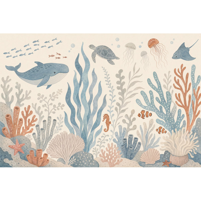 Murale de baleines sous-marines, 140 po x 108 po, Peler et coller