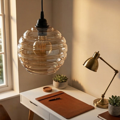 Arden 1-Light Amber Ribbed Glass Globe Pendant