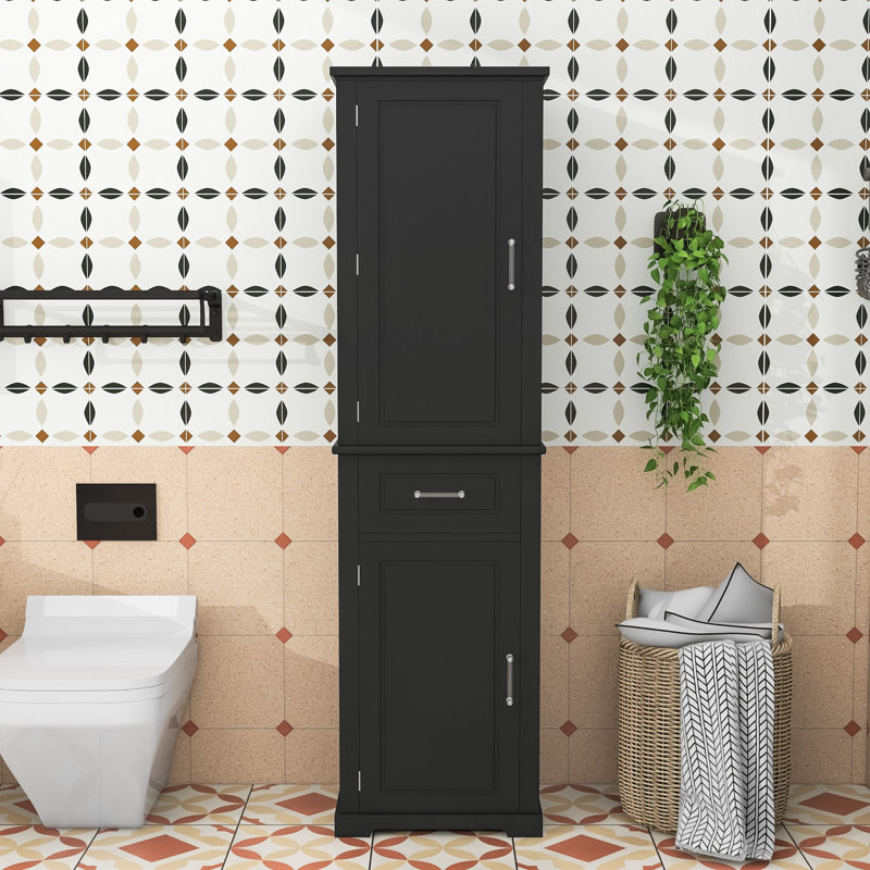 Tall Bathroom Cabinet with Adjustable Shelves, 2 Doors, Drawer and Anti-Tip Safety, Black