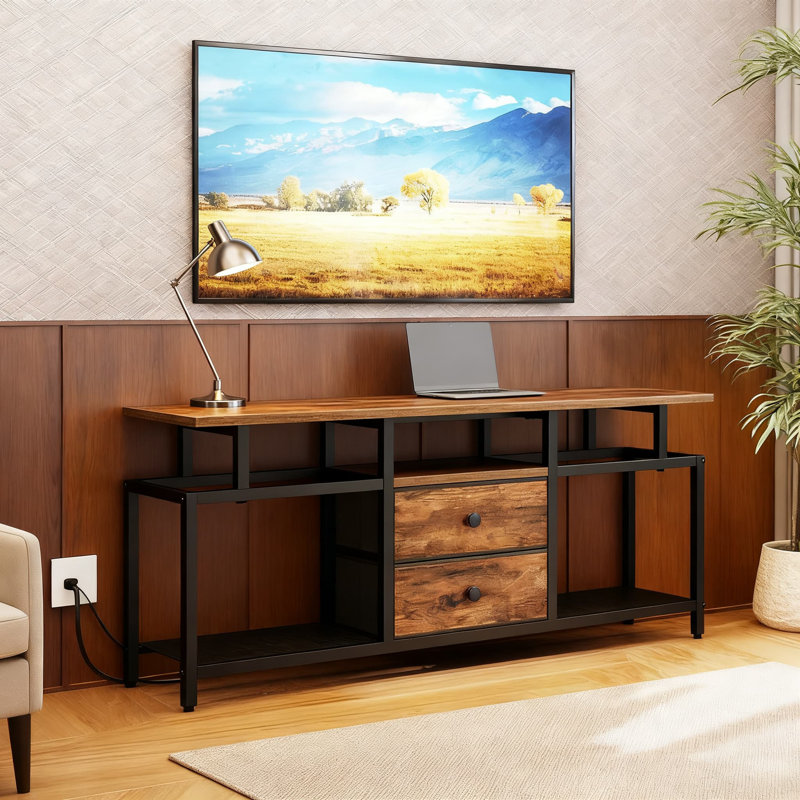 Meuble télé à DEL avec prises de courant et tiroirs en tissu, centre de divertissement moderne avec tablettes ouvertes pour téléviseur de 45 po ou moins, console multimédia pour le salon