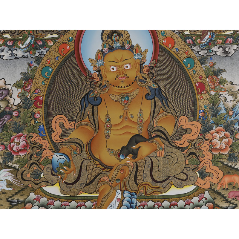 «Panch Kubera - dieu tibétain de la richesse en cinq aspects» peint à la main Thangka | Toile de coton H 35,4 po x l 25,6 po avec détails or 24 carats