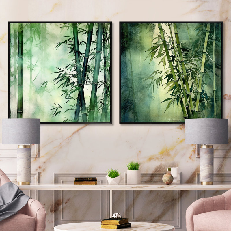 Bamboo Forest Intesed Field - Ensemble de 2 collages carrés en bambou, Cadre flottant noir, H 16 po x l 33 po