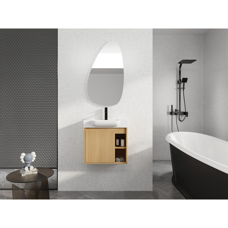 Meuble-lavabo mural 24 po avec lavabo en céramique blanche et porte à fermeture en douceur, emballage KD, chêne clair, 24"