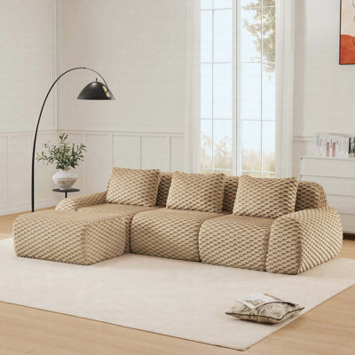Boneless 114" Modern Modular Sectional Sofa With Movable Ottoman, Flannelette Upholstery, Oversized 3-Seater Couch, Buckle Connection & Anti-Slip Base