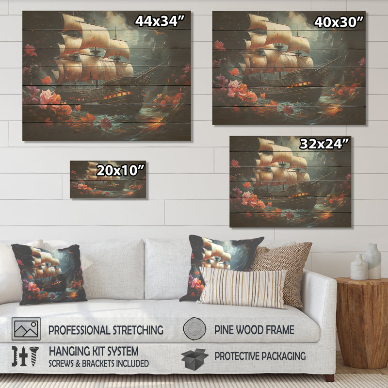 Pirate Ship Nightly Voyage II - Pirate On Wood Print, 24" H x 32" W x 0.78" D