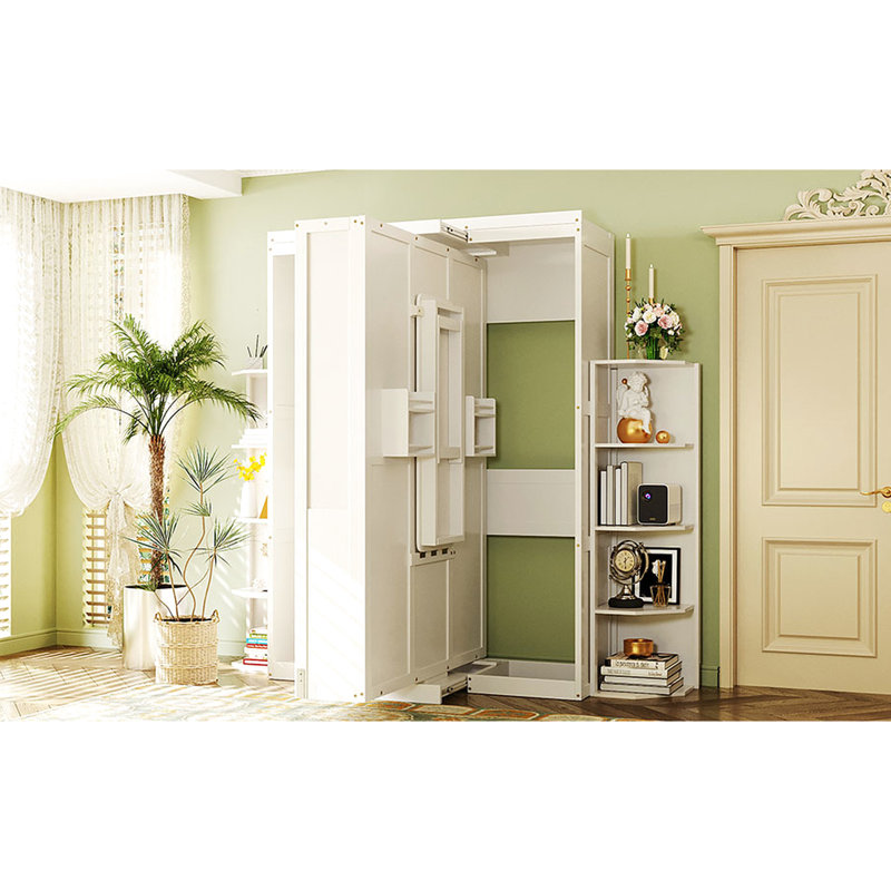 Grand lit rotatif peu encombrant avec armoire murale cachée, deux tablettes à 3 niveaux, espace de travail convertible, pour espaces compacts, bureau latéral blanc, rangement supplémentaire, petits espaces idéaux et bureaux à domicile,