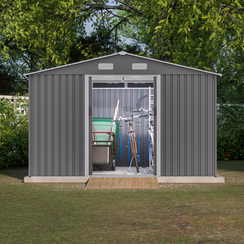 10X8 FT Outdoor Tool Storage Shed With Metal Foundation & Lockable Doors,  All Weather Metal Sheds, Black
