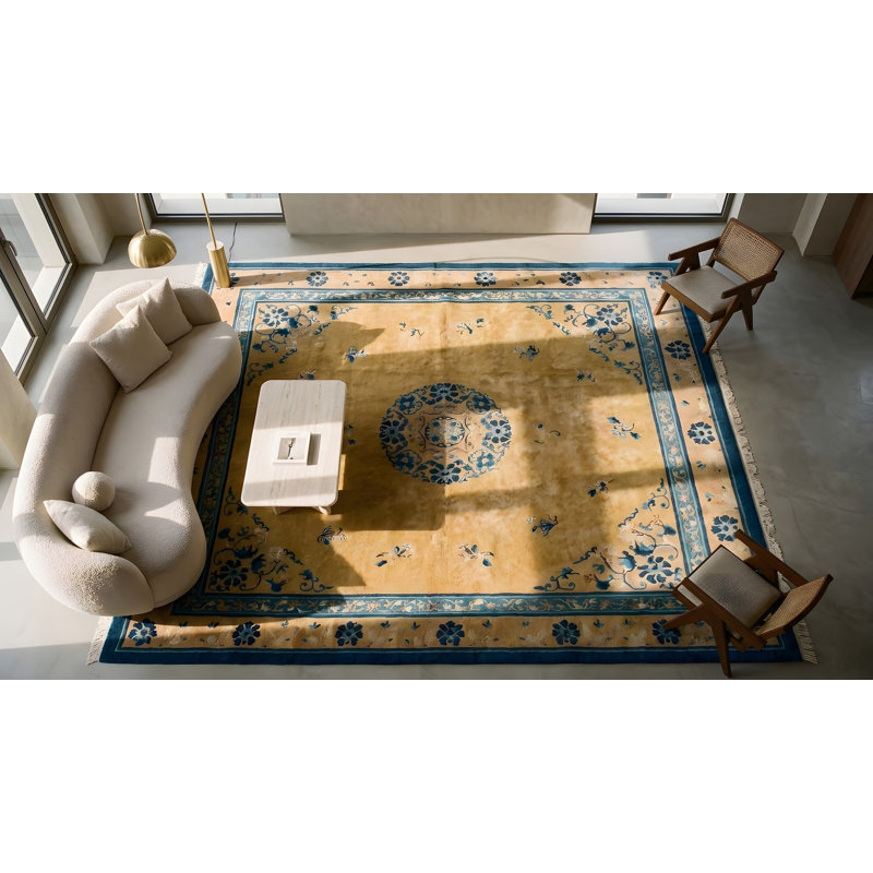 Antique Peking Chinese Medallion Yellow 1930s Rug