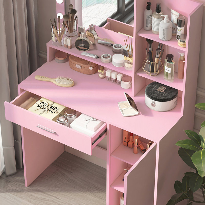 Vanity Desk with Mirror & Adjustable Light, Large Drawer Three Level Storage for Organized Bedroom, Baby Pink