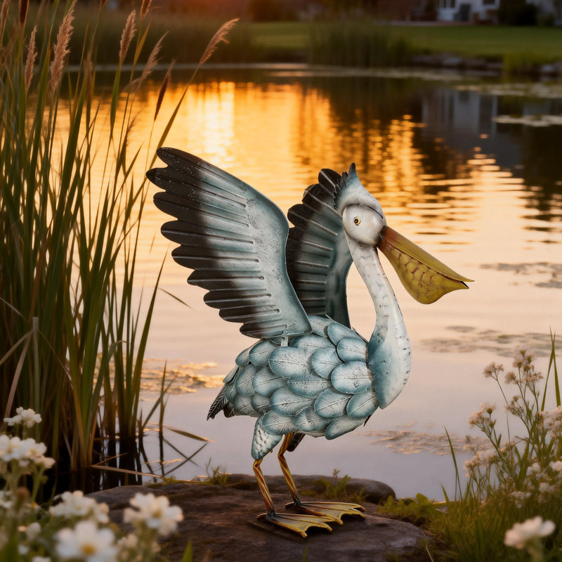 Statue de jardin de pélican en métal 18,5 po faite à la main avec piquets de sol, bleu ciel doux
