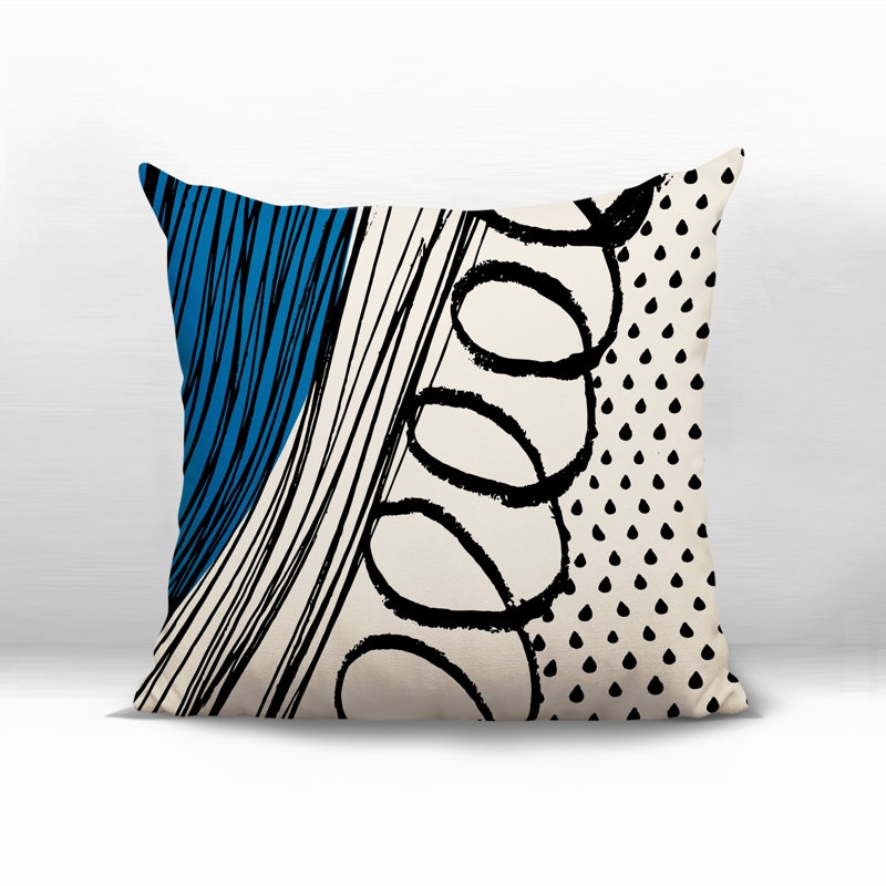 Oreiller carré réversible intérieur / extérieur Toba, H 19 po x l 19 po, Turquoise / noir / blanc cassé abstrait