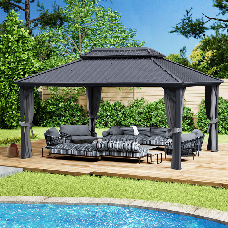 Kozyard Caesar Gray Double Roof Hardtop Gazebo with Privacy Curtain and Mosquito Netting, Gray, 144" x 196", Gray