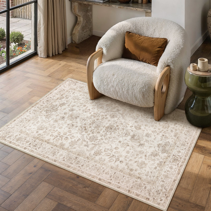 Tapis floral lavable à la machine avec envers antidérapant, Rectangle 3' x 5', Beige