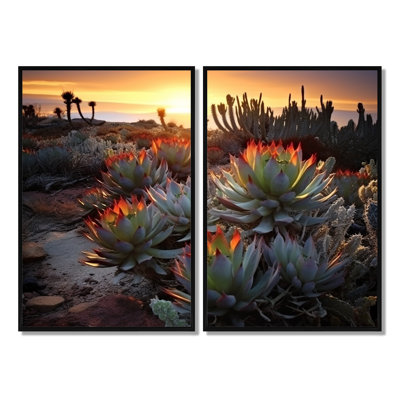 Succulent désert cactus champ brûlant au coucher du soleil III - grande décoration murale succulente