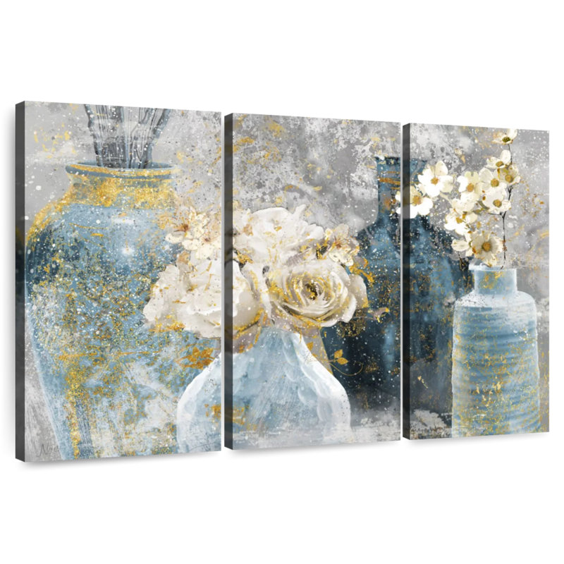 Harnek Vessels And Blooms Blues, 32" H x 50" W